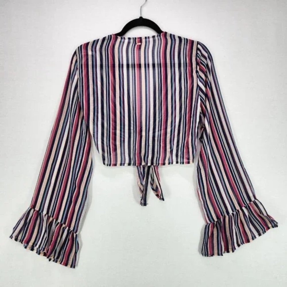 Cropped Sheer Top Adult Large Long Sleeve Ruffle Striped Tie Front Womens